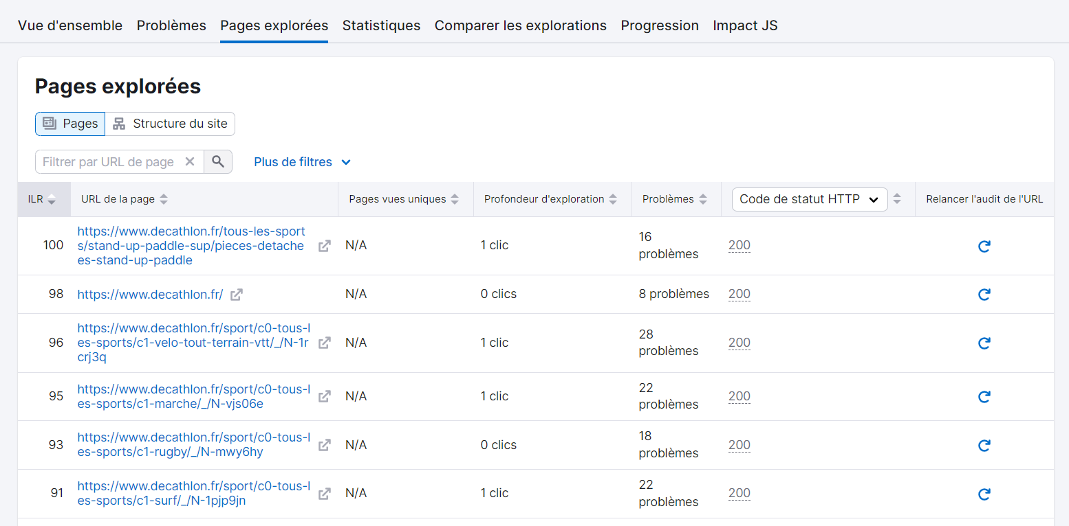 Liste des pages explorées par Audit de site avec un problème potentiel