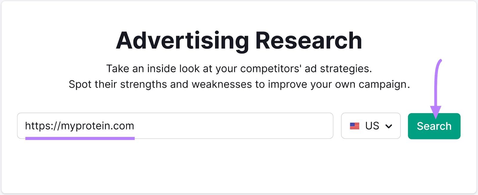 "https://myprotein.com" entered into the Advertising Research tool search bar