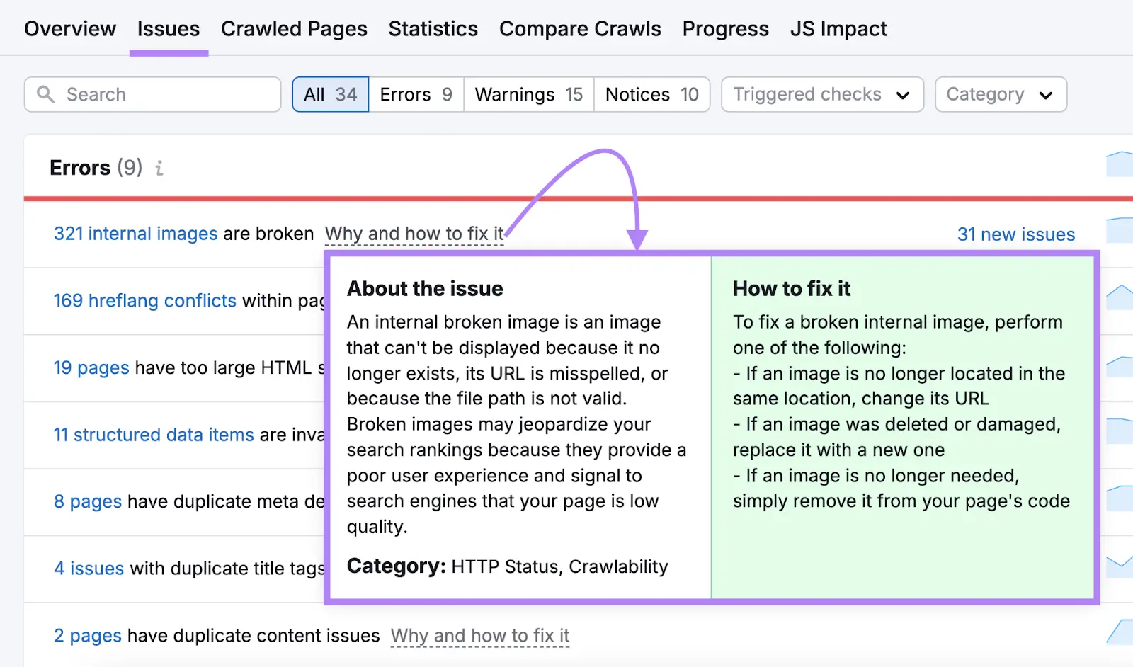 Site Audit Issues showing a list of errors along with “Why and how to fix it” next to an issue clicked.
