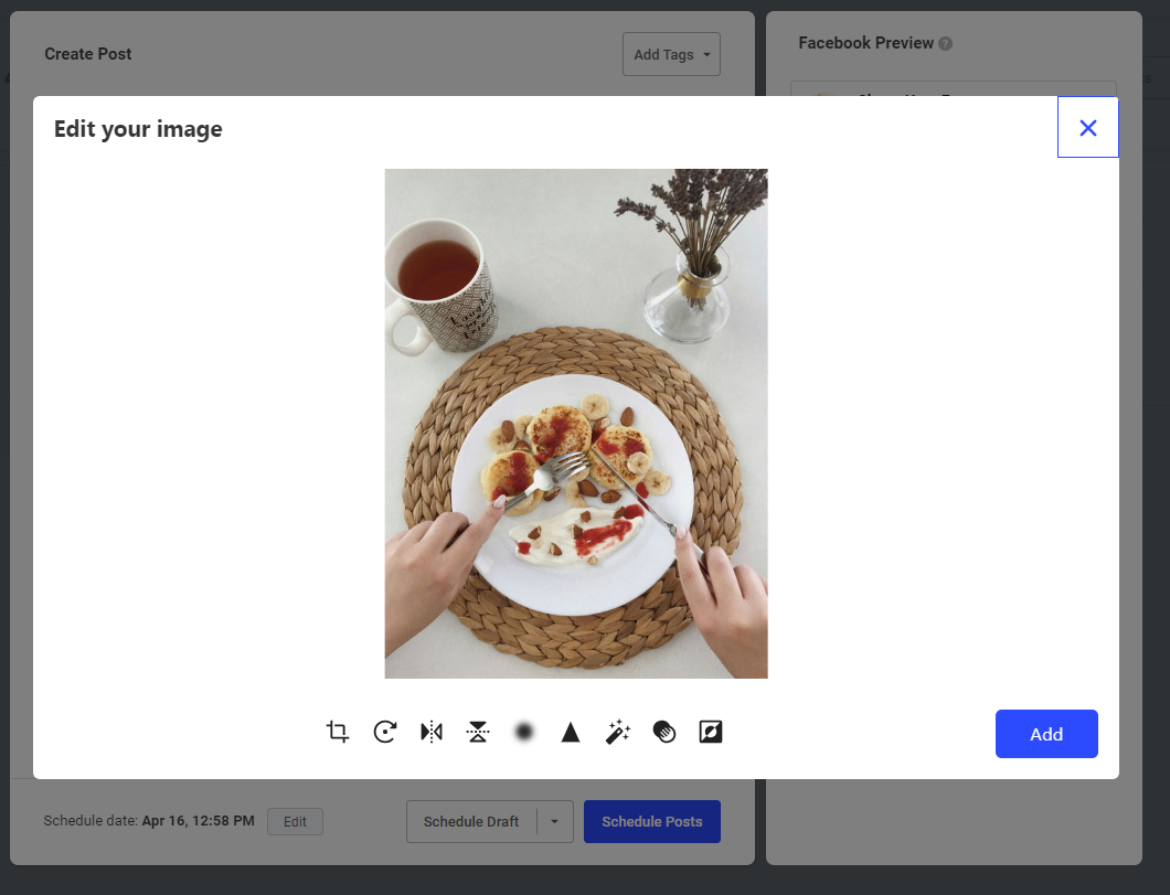 "Edit your image" pop-up on "Buffer" with options to crop, resize, add alt text, create hashtag groups, etc.