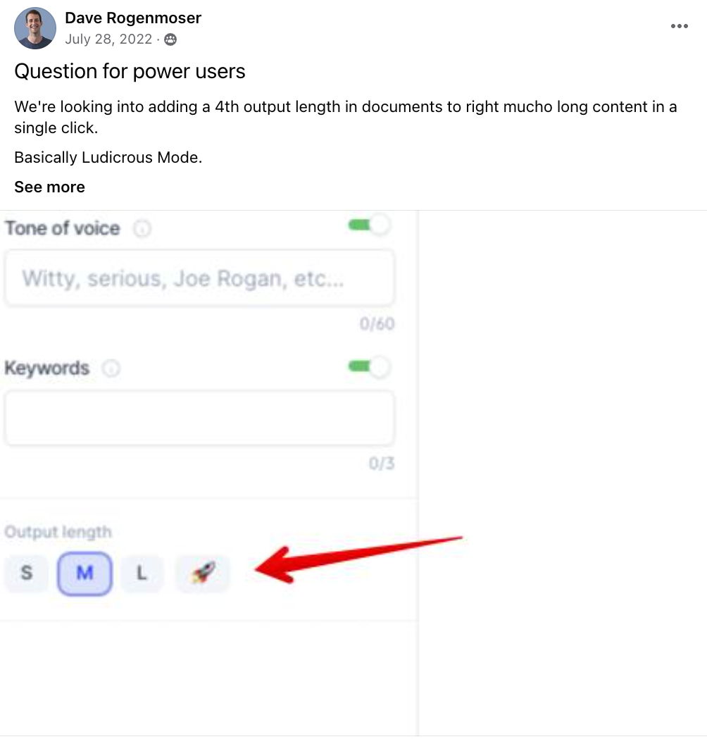 Jasper’s founder post in the Facebook group, asking users for feedback