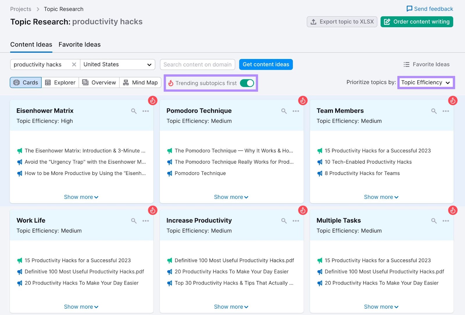 "Content Ideas" tab for "productivity hacks" in Topic Research tool