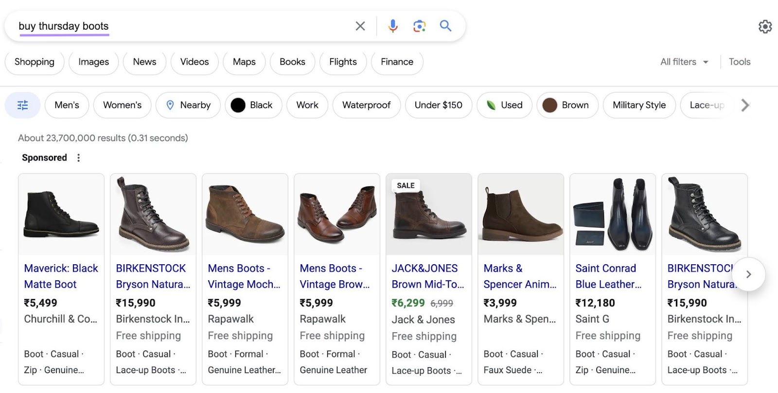 Google shopping ads appearing for “buy thursday boots" query