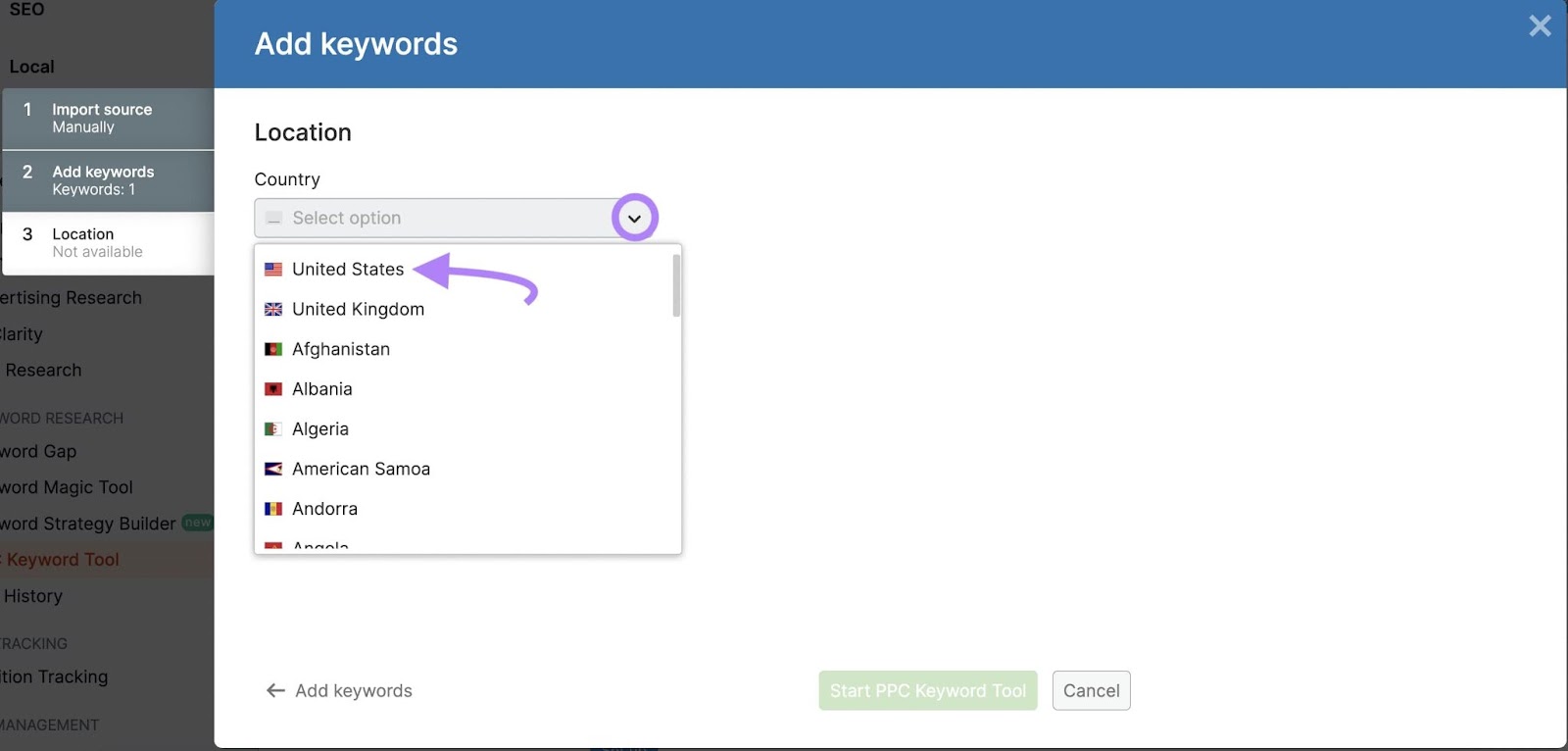 'Country' drop-down with US option highlighted for location settings in Semrush PPC Keyword Tool