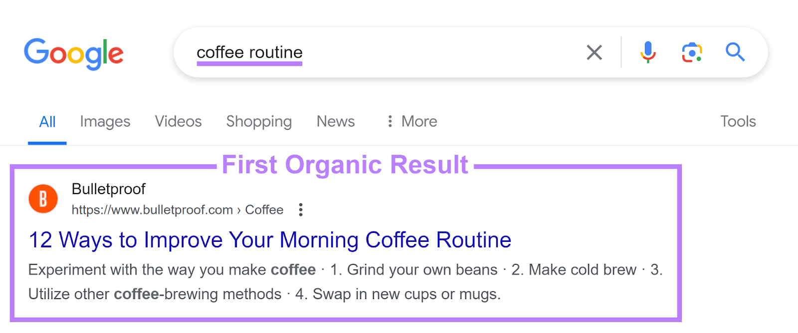 First organic result annotated for 'coffee routine' search on Google.