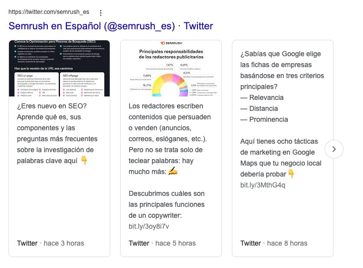 Resultados de Twitter mostrados en las SERP