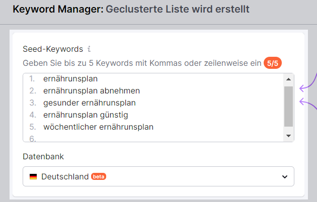 Keyword Strategy Builder: Seed-Keywords eingeben