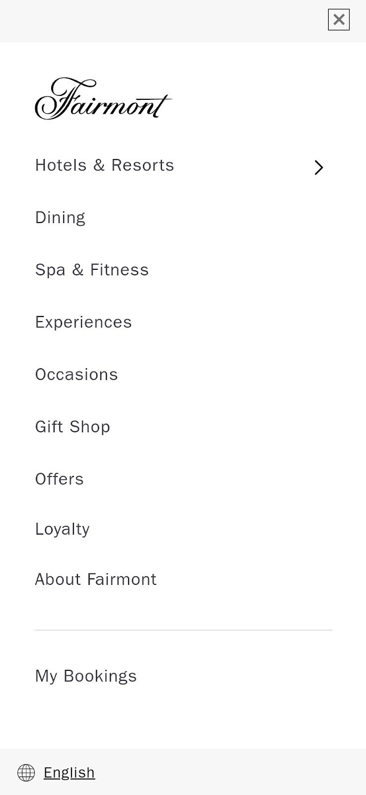 Fairmont Hotel’s mobile website menu