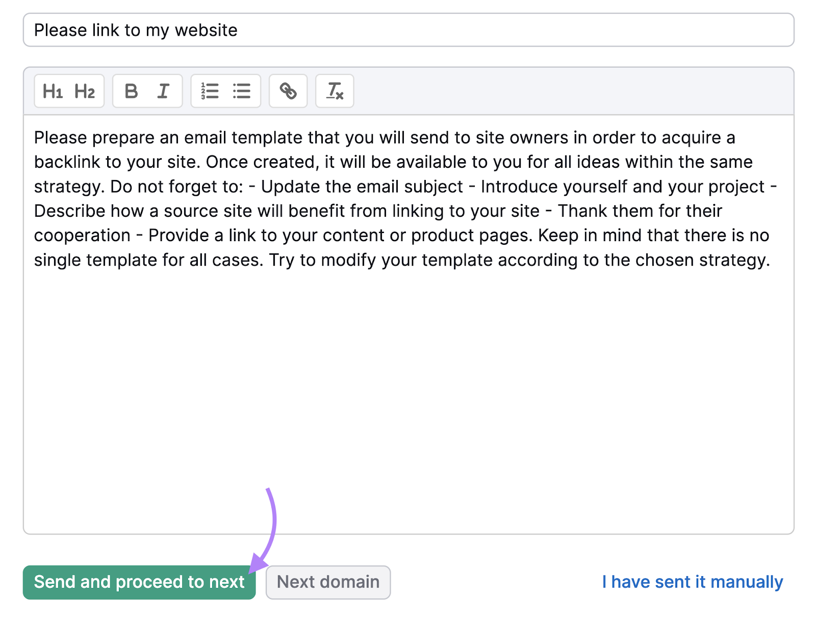 “Send and proceed   to next” fastener  highlighted successful  email builder
