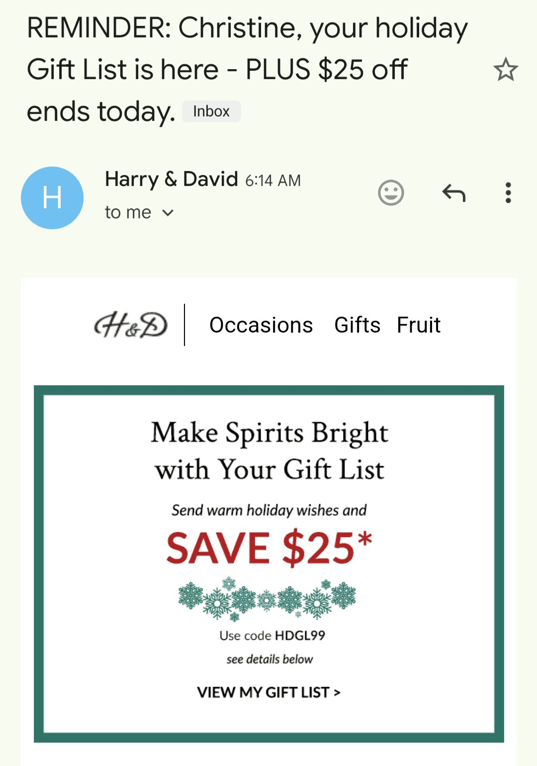 Harry & David's holiday list email to an user named Christine
