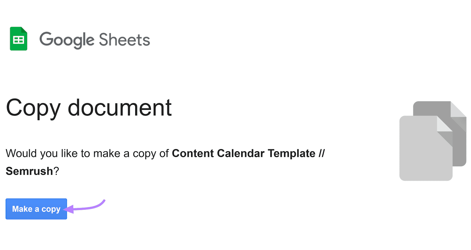 Google Sheets "Copy document" surface  with a "Make a copy" button, highlighted with a purple arrow