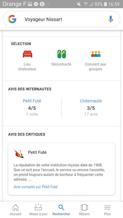 Affichage avis établissement google