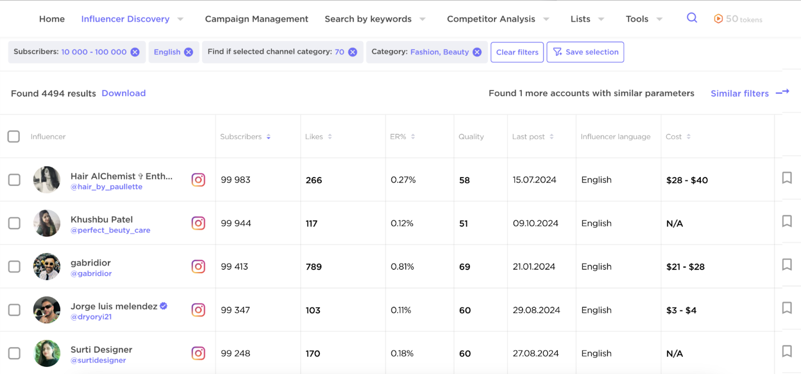 Influencer list is filtered by number of subscribers, language, and category. The results table shows influencer profiles and their metrics like engagement rate and cost.