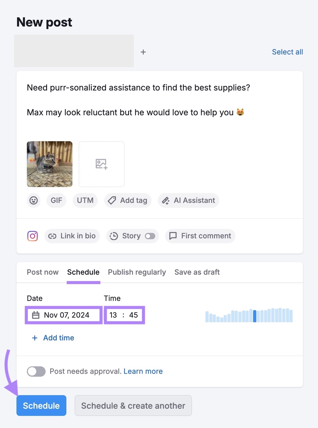 "New post" model   connected  Social Poster with a publishing day  and clip  selected successful  the "Schedule" conception  astatine  the bottom.