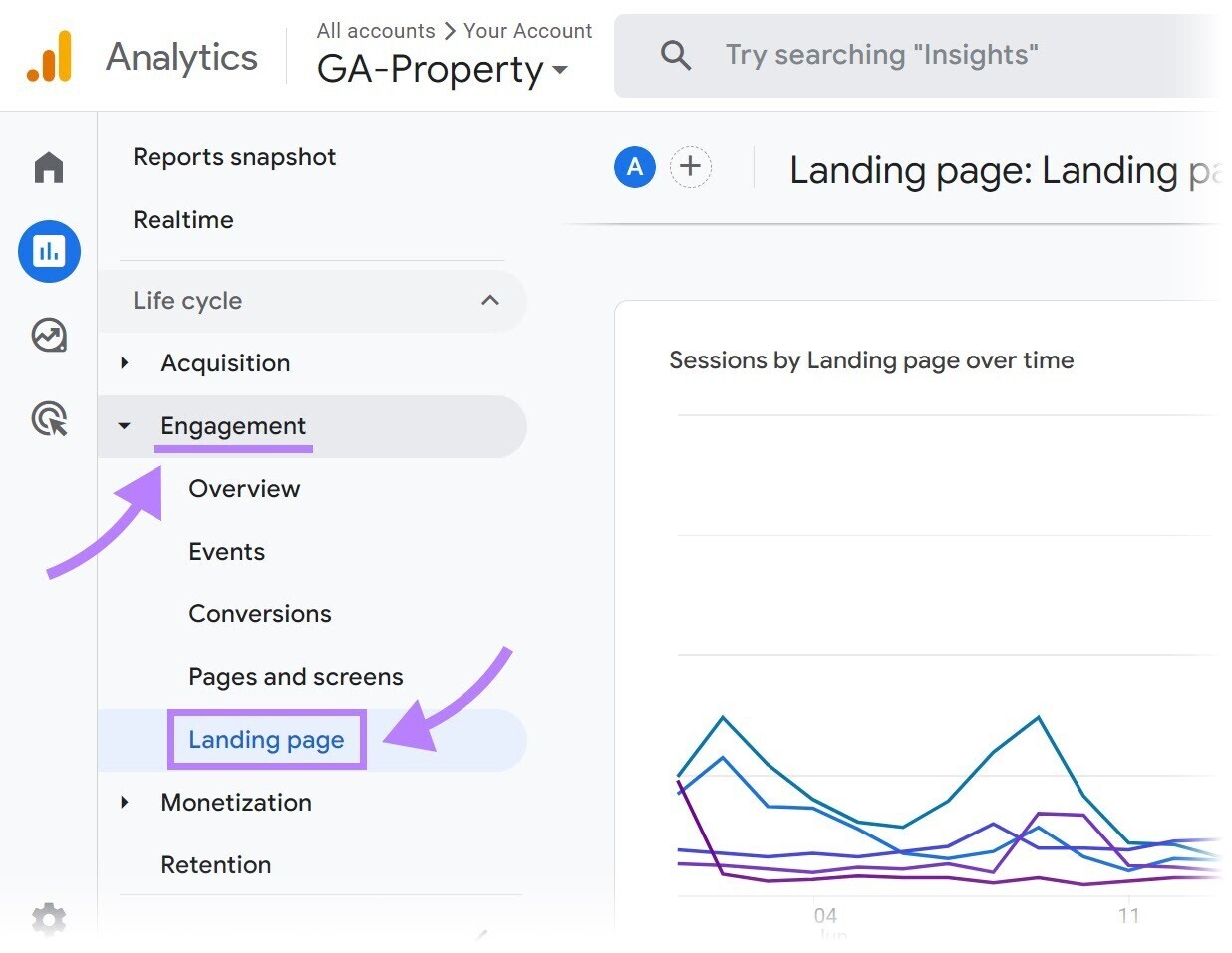 “Engagement” and ”Landing page” buttons in Google Analytics