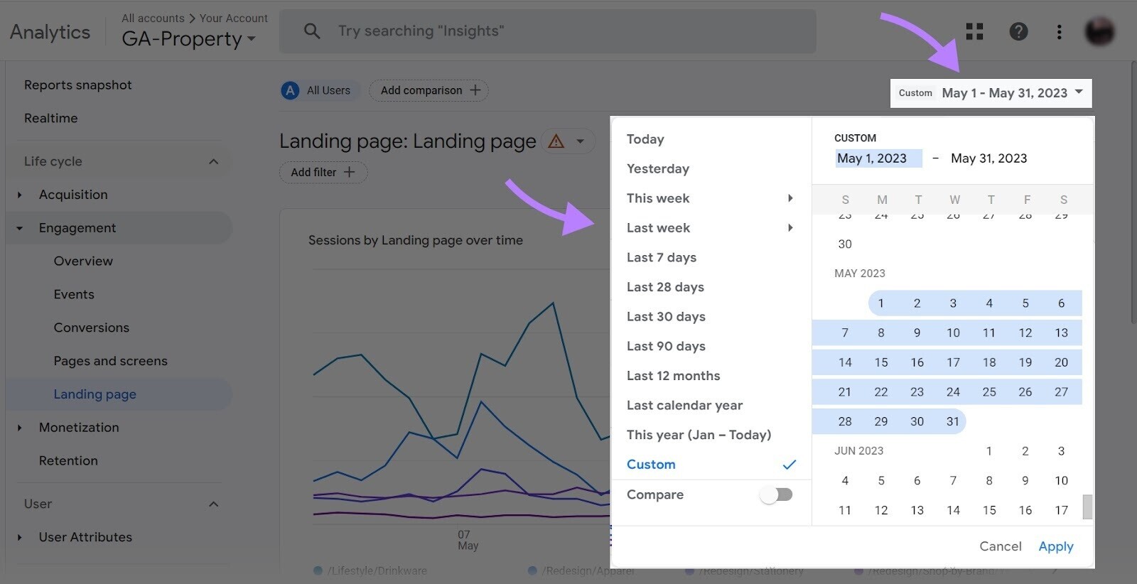 selecting the time period in Google Analytics calendar
