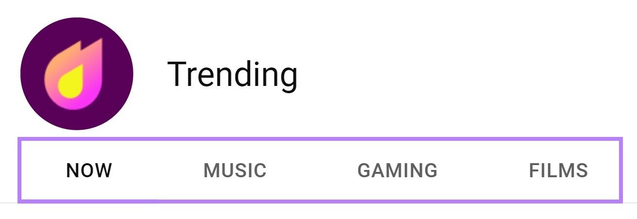 The Trending page categories: Now, Music, Gaming, and Movies