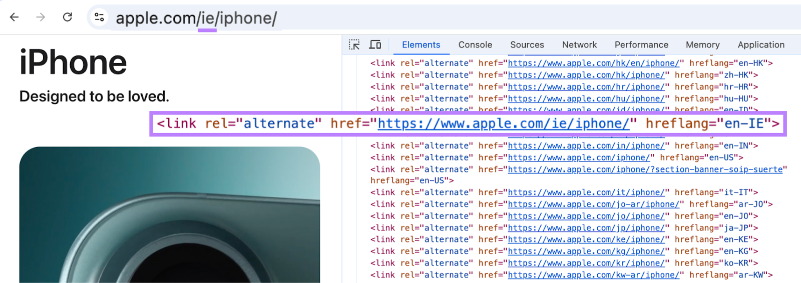 In the source code, the hreflang attribute shows the Ireland URL and the hreflang value en-ie.