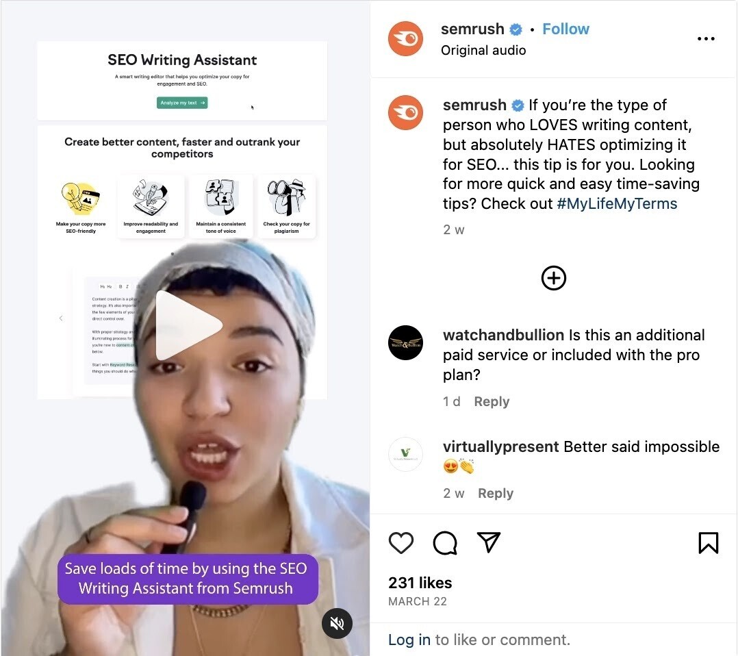 Le post Instagram de Semrush donne des conseils sur l'optimisation du contenu pour le référencement.