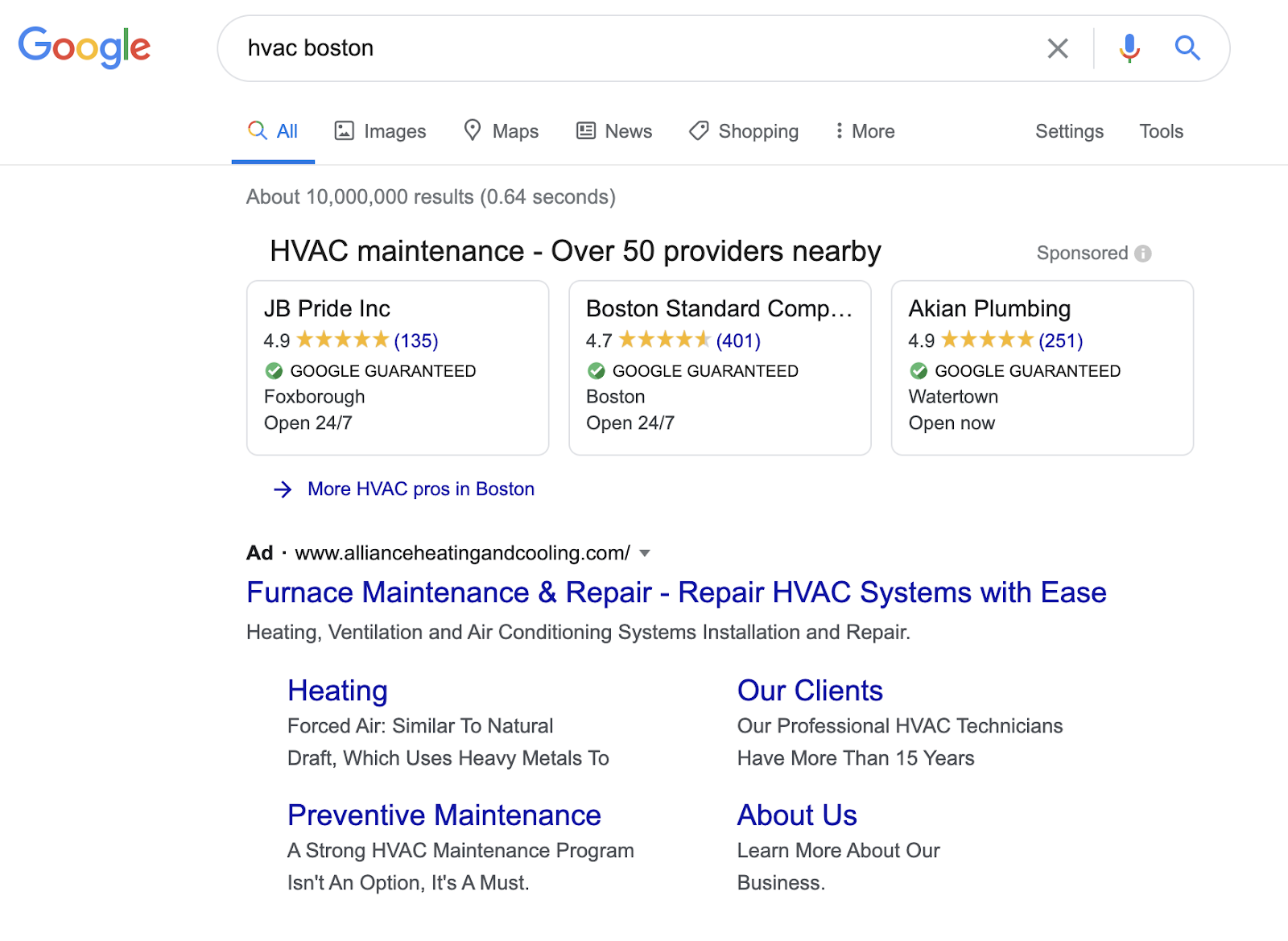 hvac boston google local services ads on serp