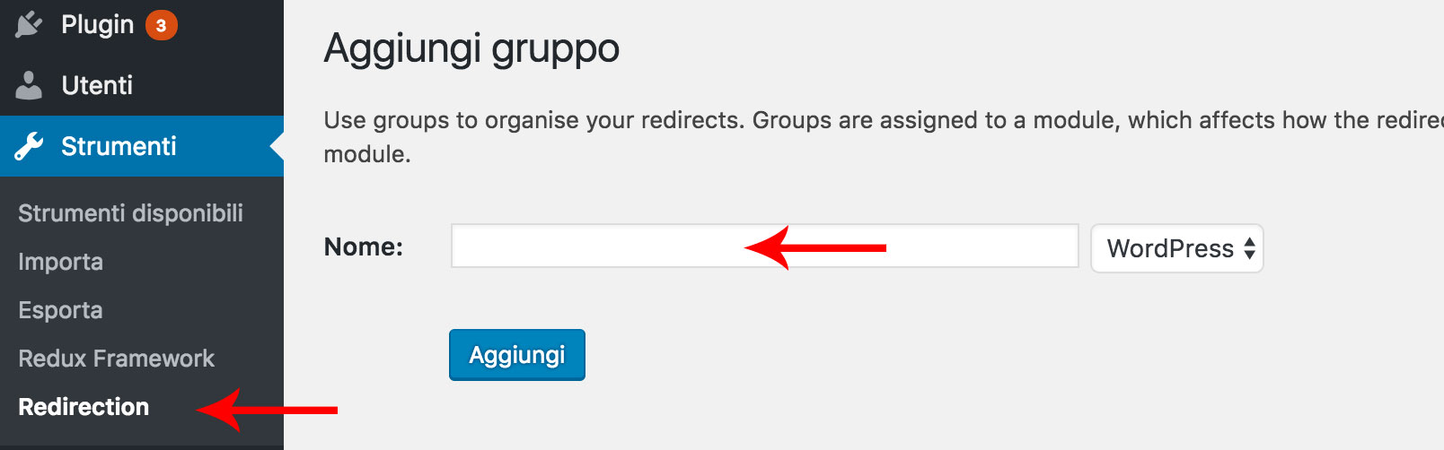 Redirection WordPress plugin: creare un gruppo