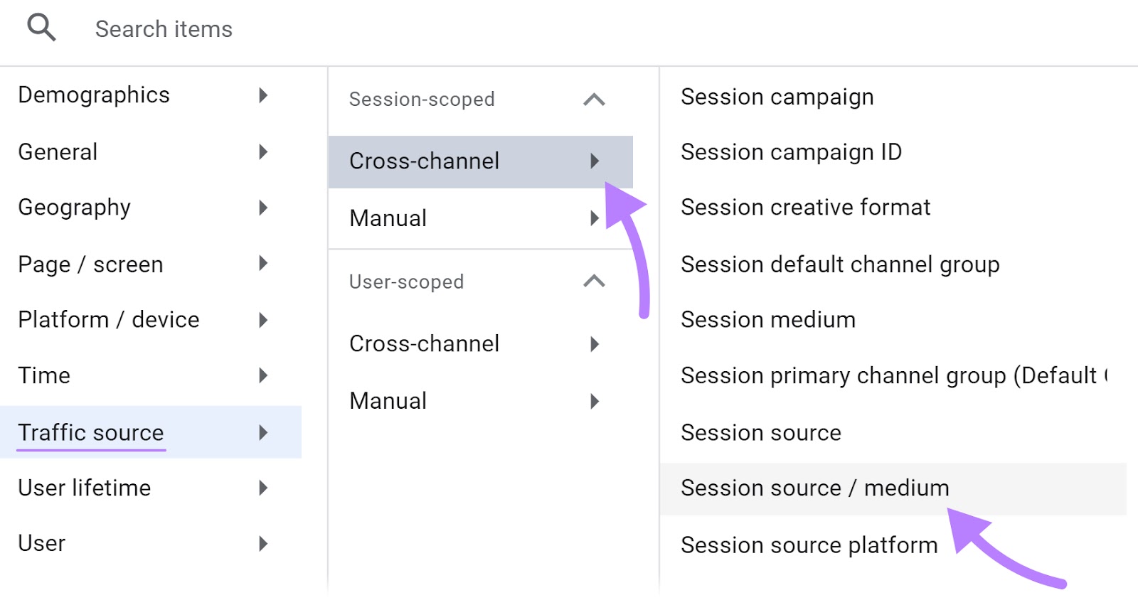 “Traffic source” > “Cross-channel” > “Session root   / medium"