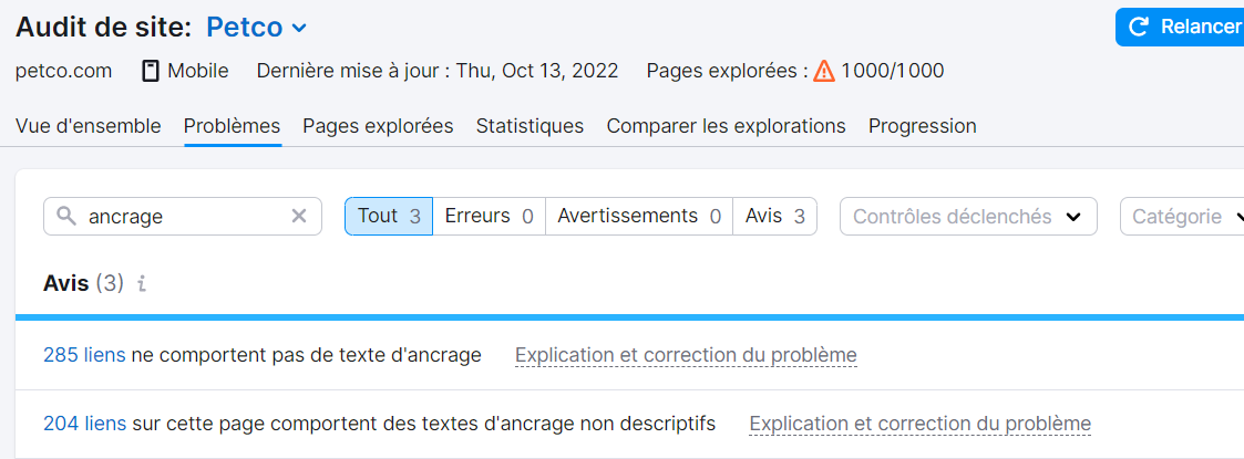 Notifications sur les anchor texts dans Audit de site