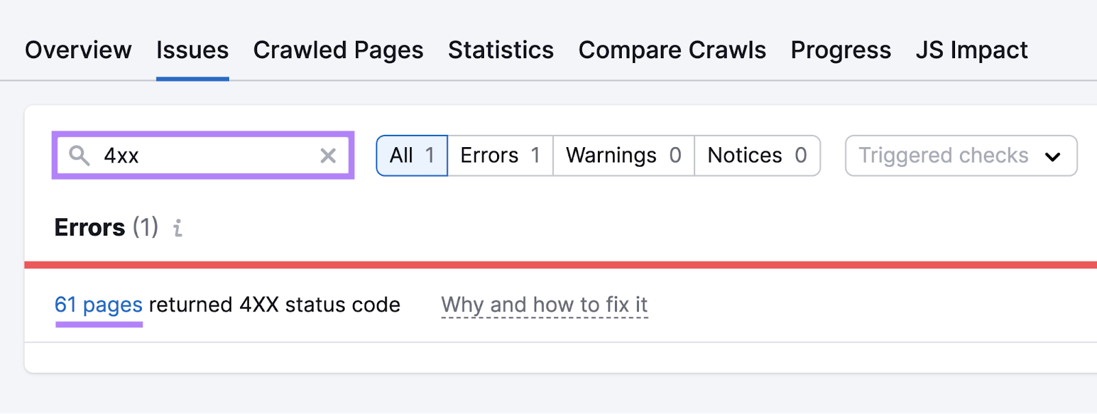 Searching for "4xx" nether  Site Audit's “Issues” tab