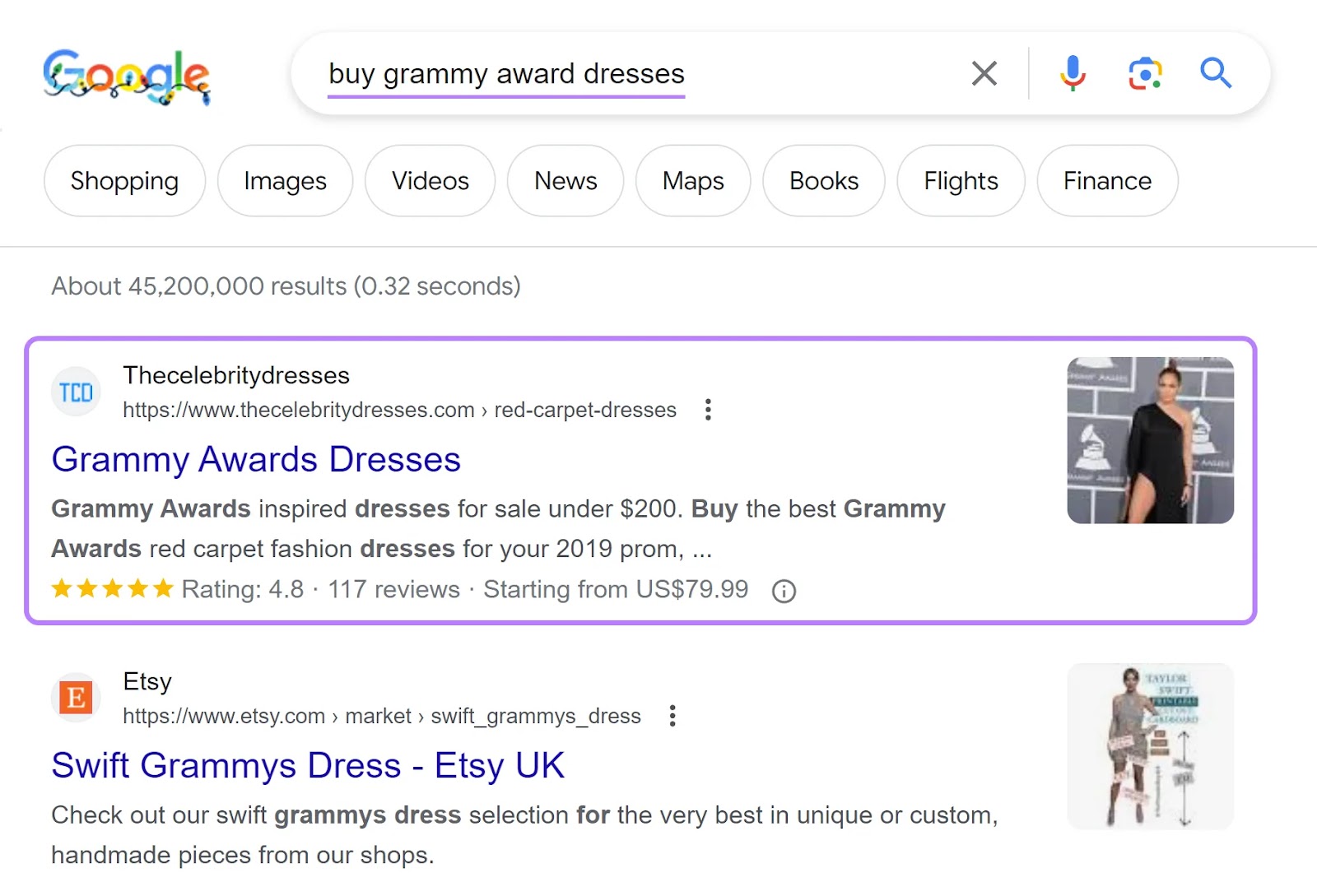 TheCelebrityDresses.com" ranks first on Google SERP for “buy grammy awards dresses"