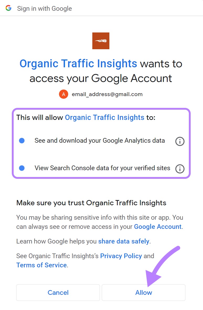 "Allow" button under Organic Traffic Insights permissions