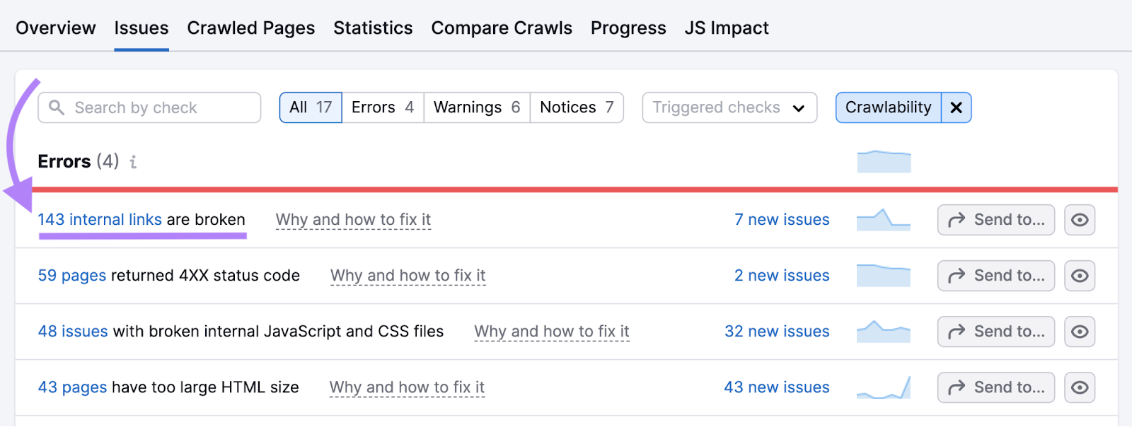 "143 interior   links are broken" contented   highlighted nether  "Errors" conception  successful  Site Audit tool