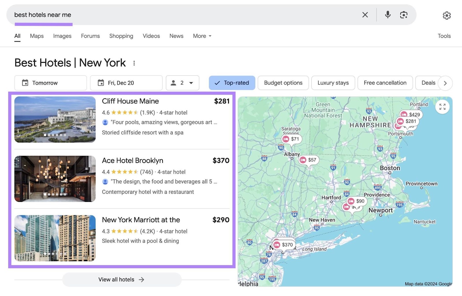 Google SERP for the query "best hotels near me" with the local results next to the map pack highlighted.