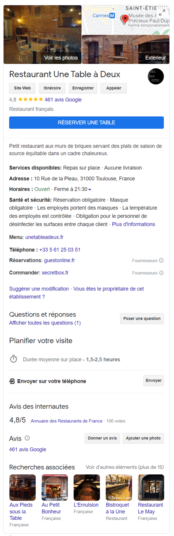 Exemple de Knowledge panel restaurant