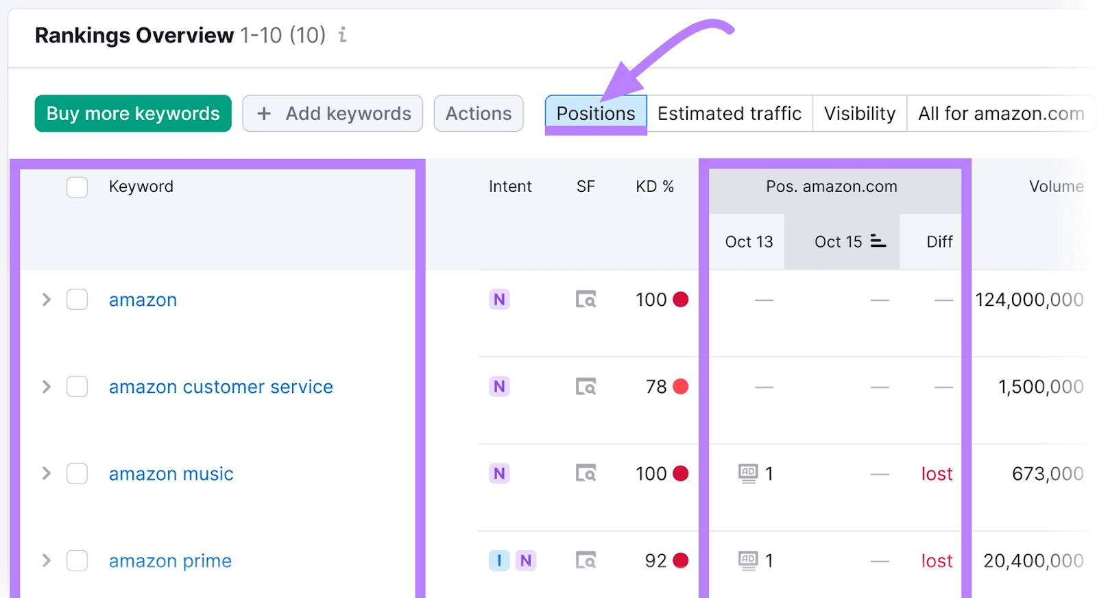 “Rankings Overview” section shows which keywords your ads are ranking for and their ranking position