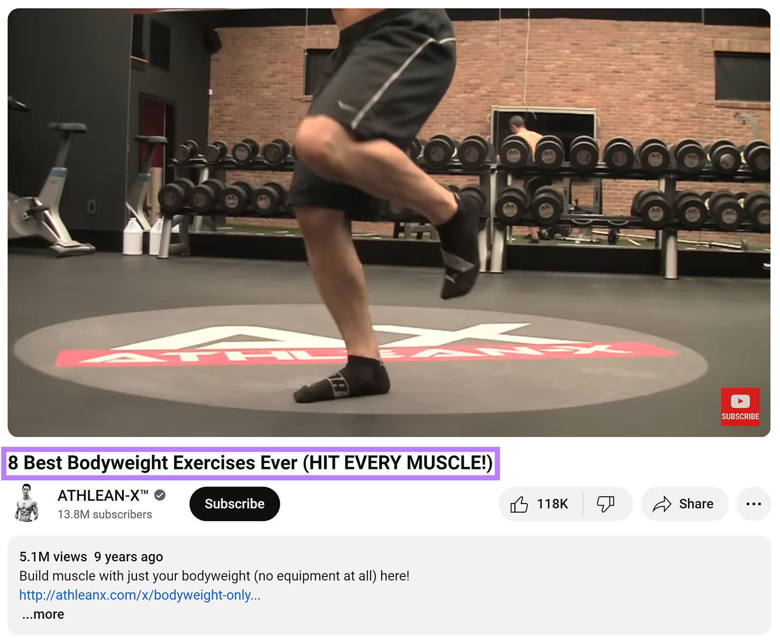 Athlean-X video '8 champion  bodyweight exercises ever   (HIT EVERY MUSCLE)' with rubric  highlighted.