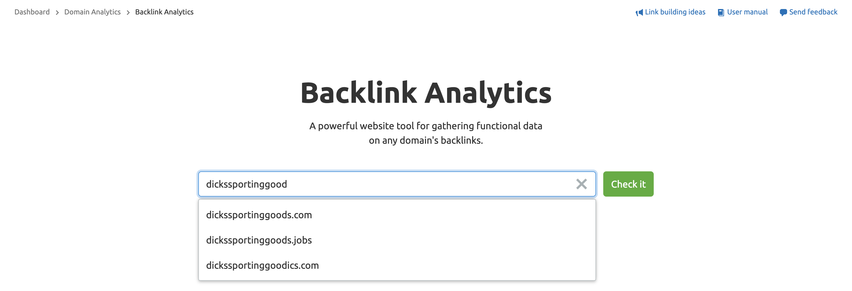 Backlink Analytics Enter Domain screenshot