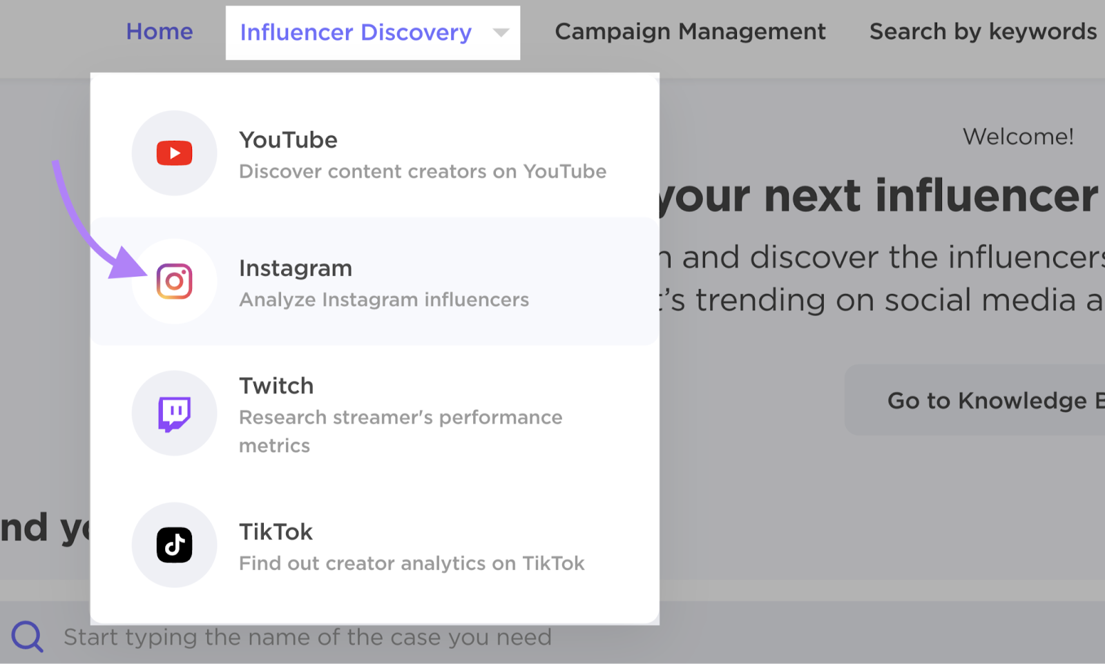 “Influencer Discovery” drop-down menu in BuzzGuru