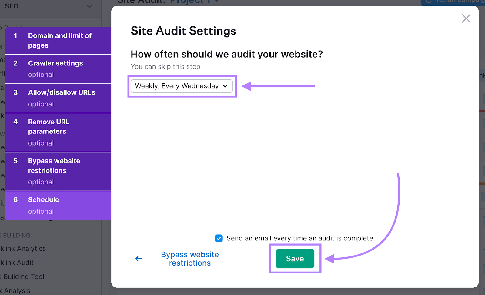 Save Site Audit settings