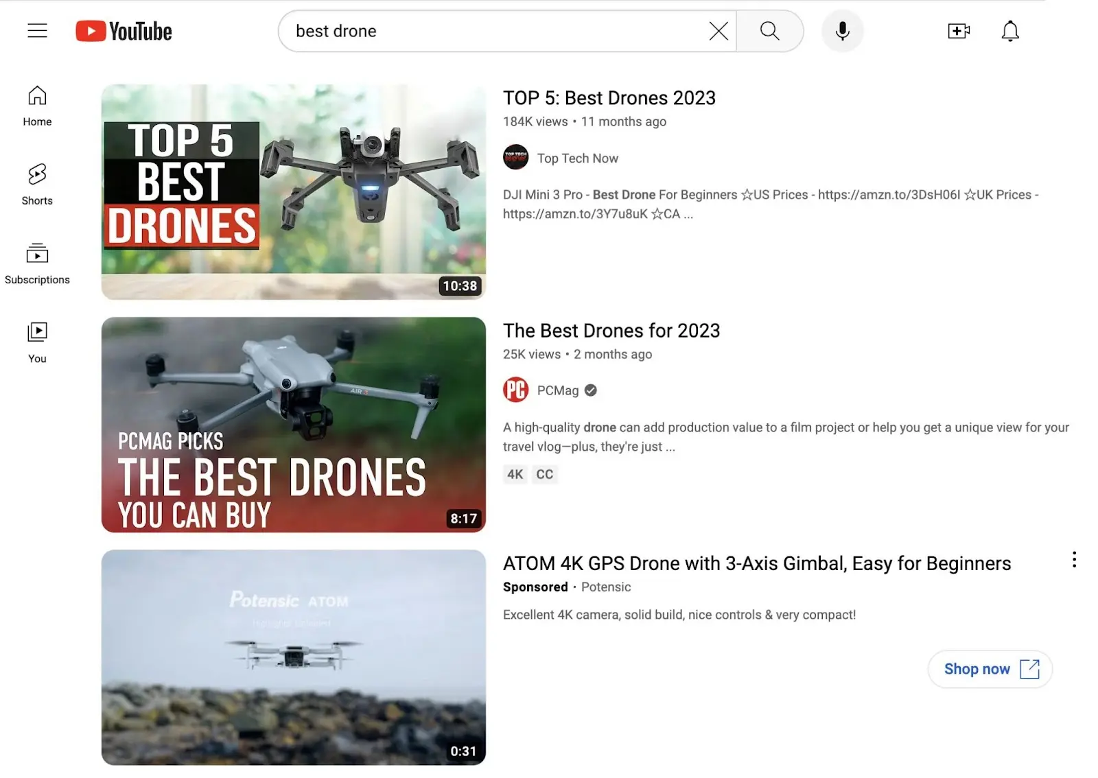 YouTube hunt  results for 'best drone' showing antithetic  contented  formats