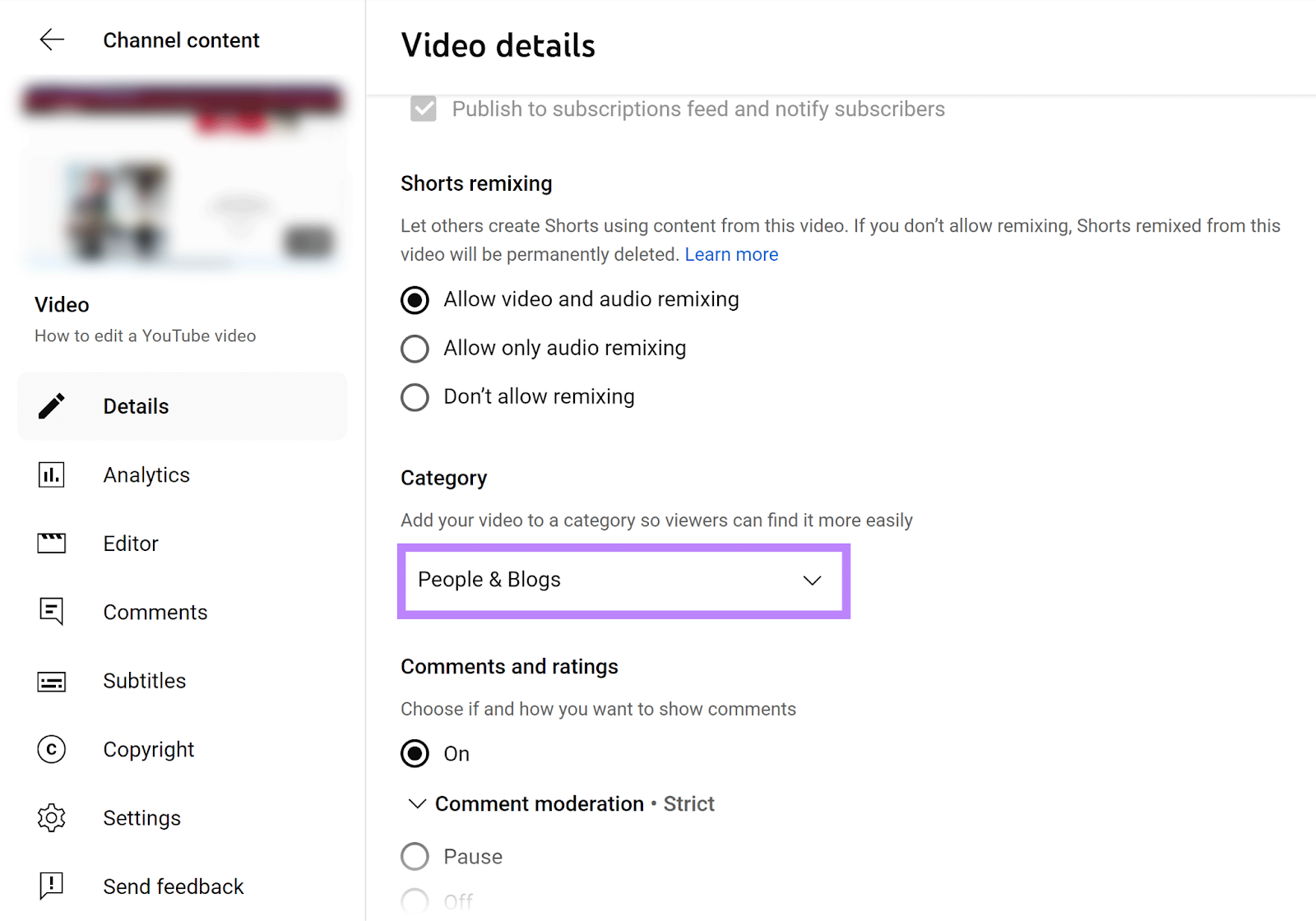 YouTube Video details leafage   with Category dropdown highlighted