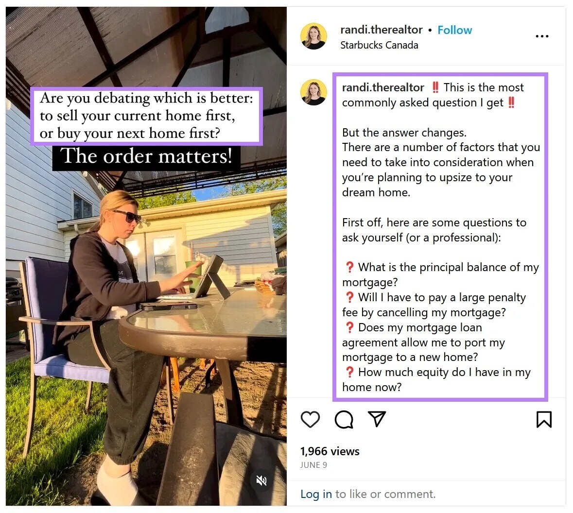 An Instagram post talking about whether to buy a new home before selling a current home