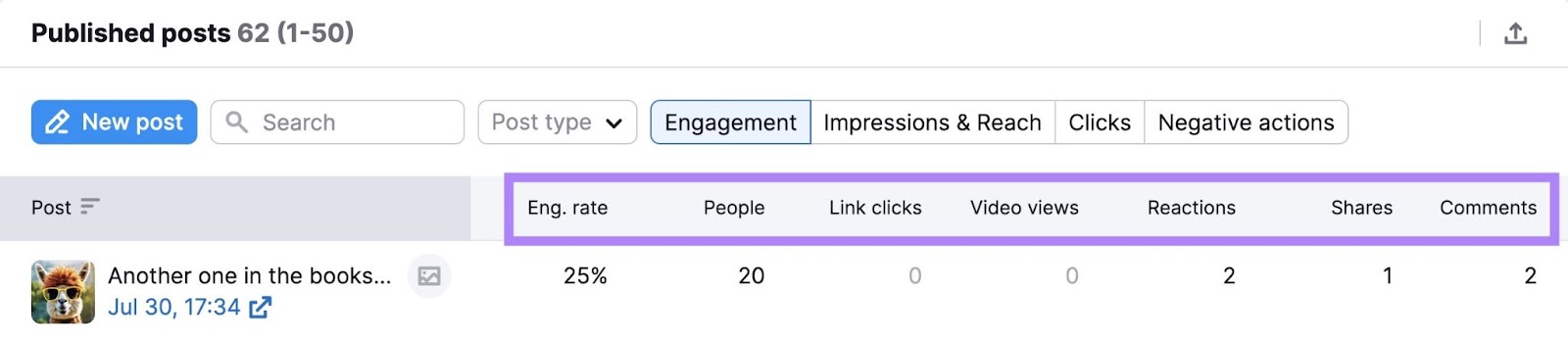 'Posts' tab for Facebook on Social Analytics with metrics for each post like engagement rate, link clicks, reactions, shares and comments.