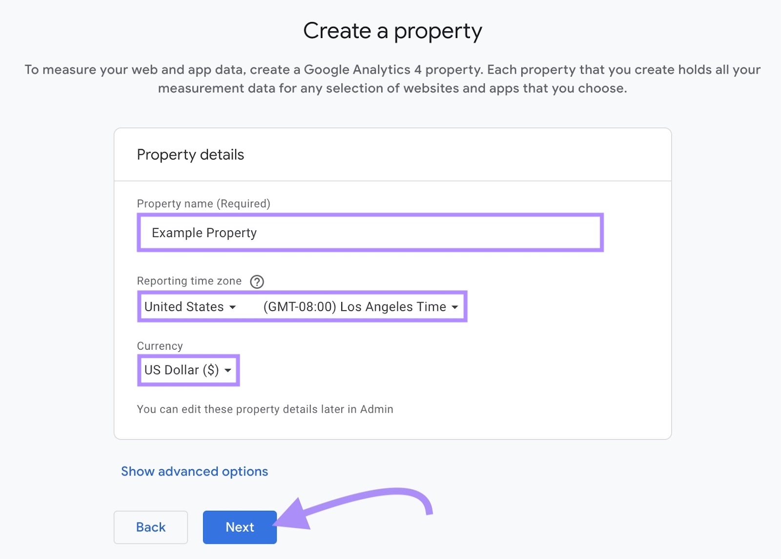 Property name, Reporting time zone, and Currency fields