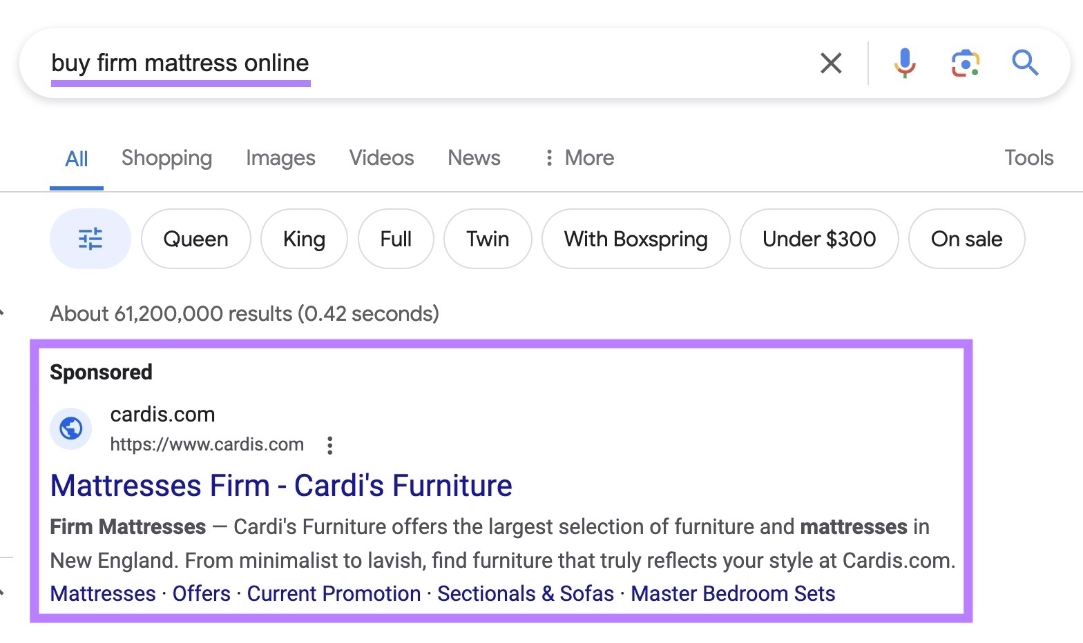 Google hunt  advertisement  appearing for “buy steadfast  mattress online" query