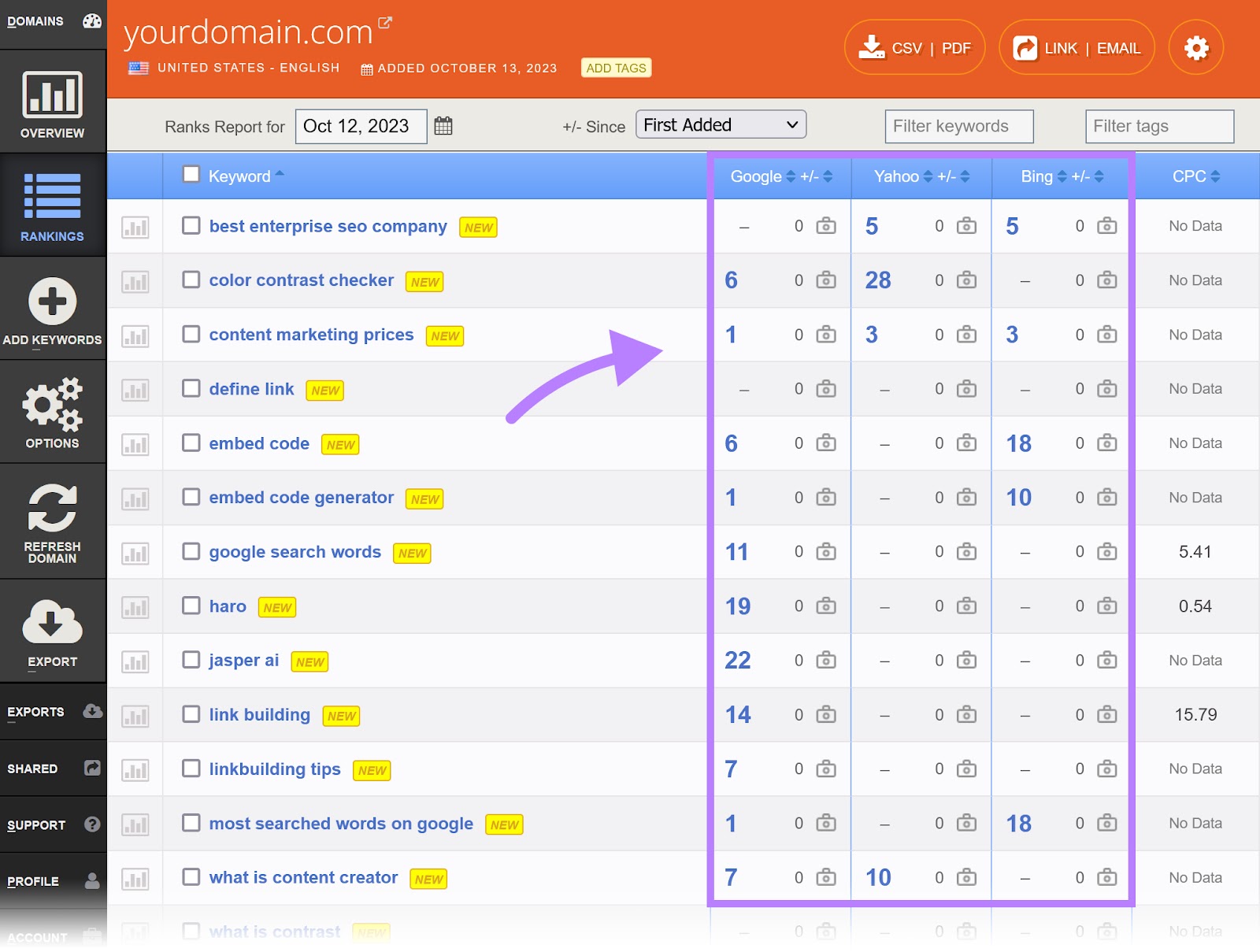 Keyword rankings table in Authority Labs