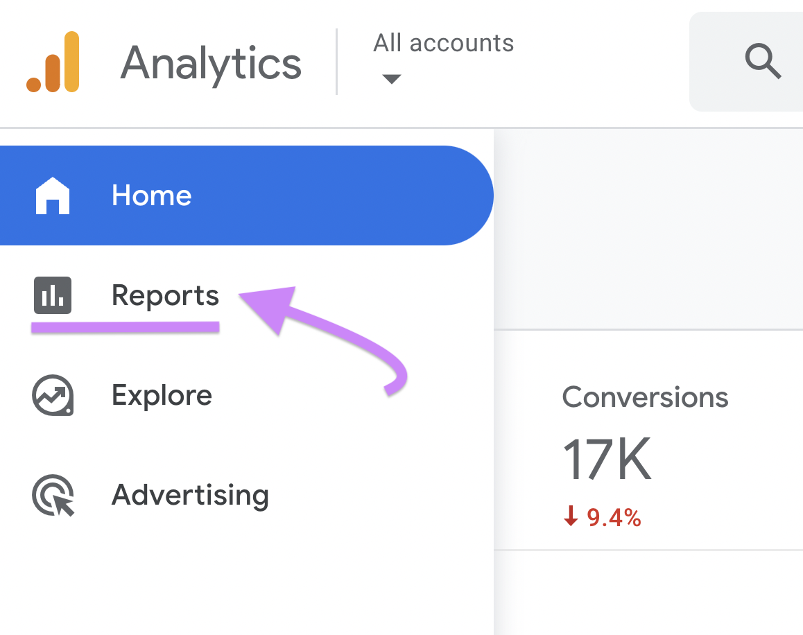 Navigating to “Reports" successful  GA4 sidebar