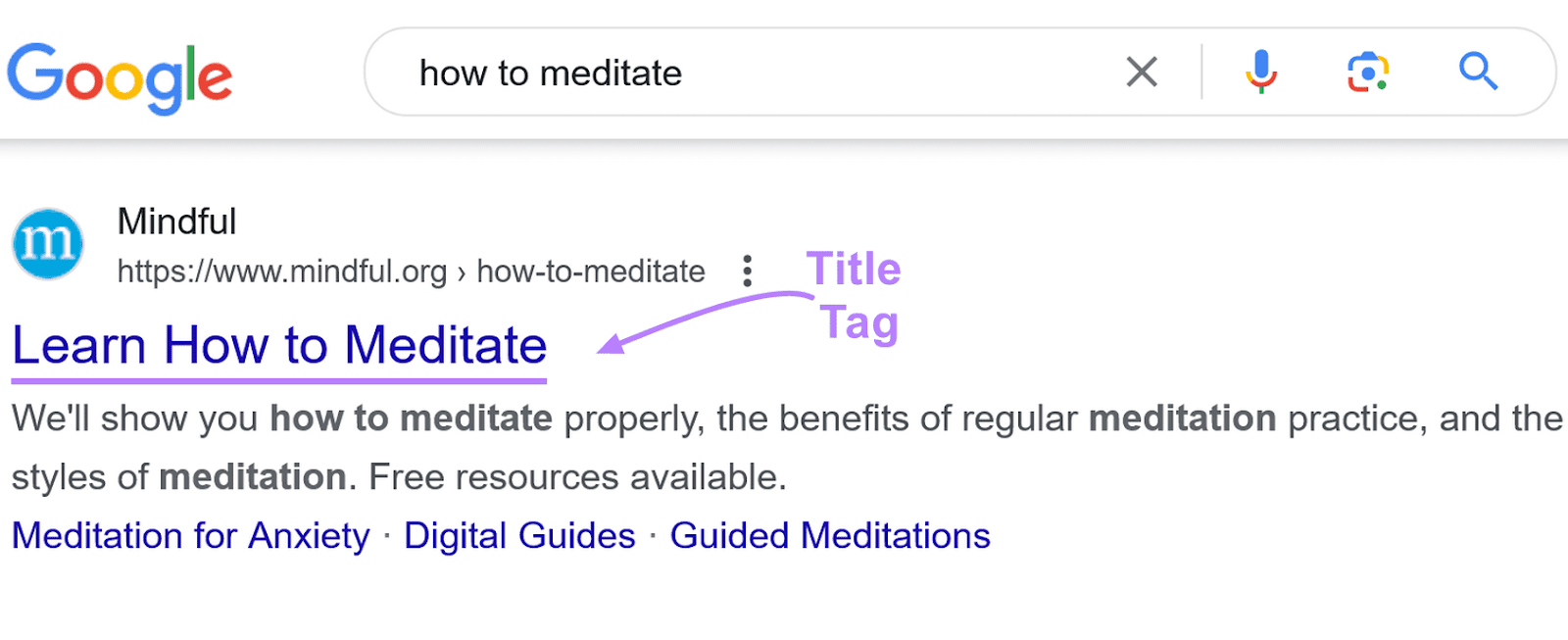 Google search result with a purple arrow labeled "Title Tag" pointing to the title text "Learn How to Meditate."