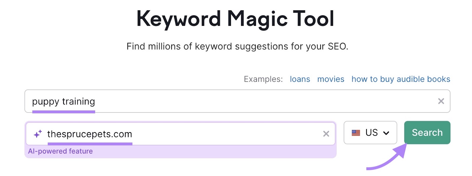 A "Keyword Magic Tool" começa com "puppy training" (treinamento de filhotes) inserido como termo de pesquisa, um domínio inserido e "Search" (Pesquisar) clicado.