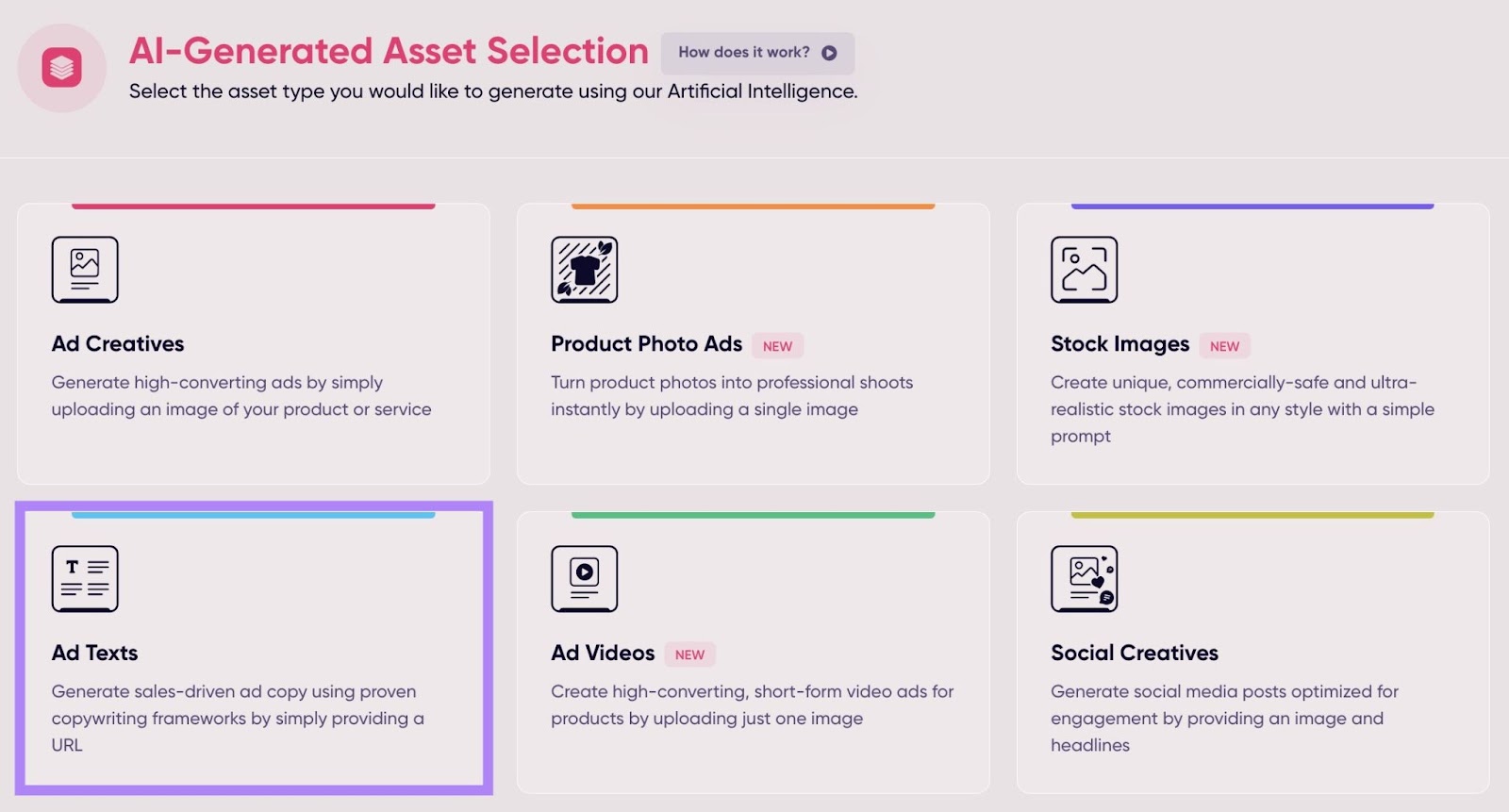 "Ad Texts" selected on AI-Generated Asset Selection page on AdCreative.ai.