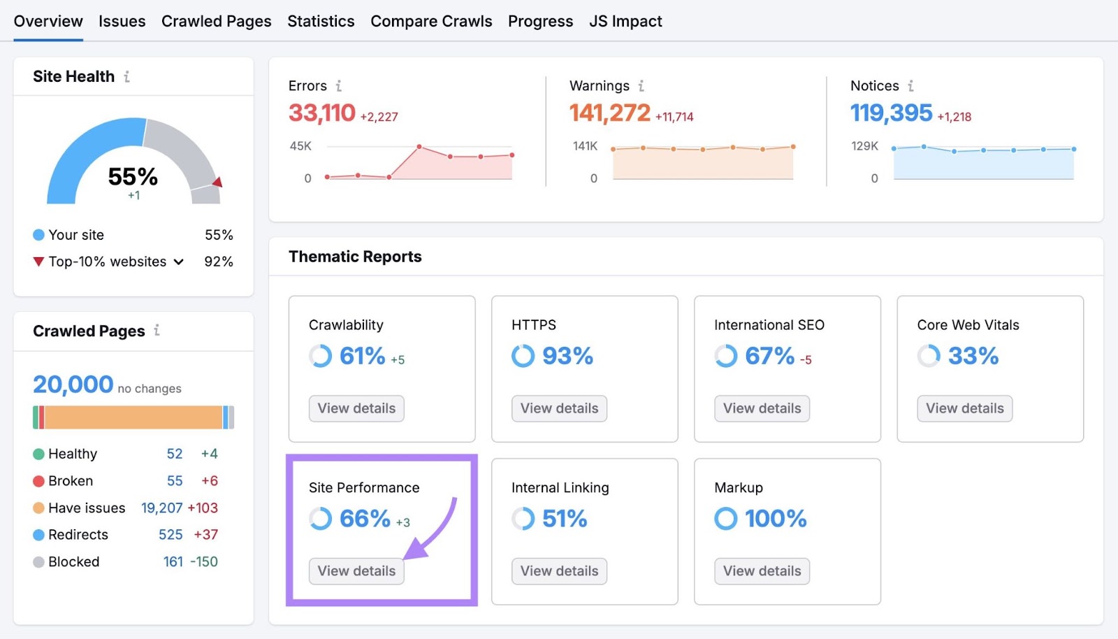 Site Audit Overview study  with "View details" nether  the "Site Performance" conception  clicked.